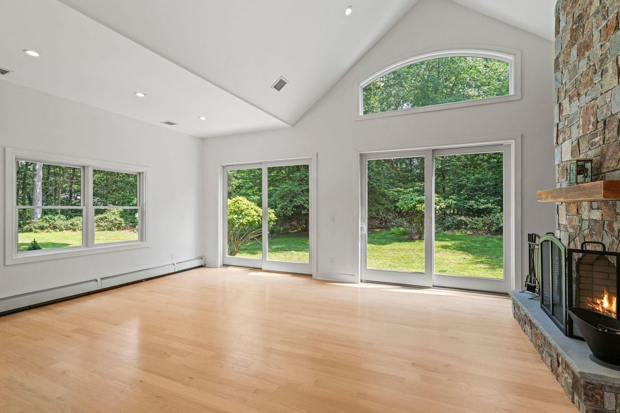 Empty room, Fireplace, Interior, Recessed Lighting, Wood Texture Flooring