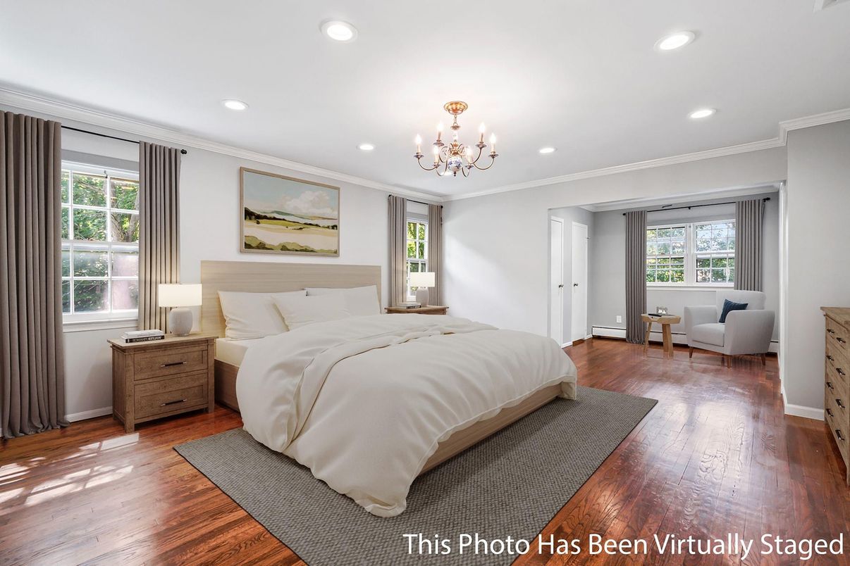 Bedroom, Chandelier, Interior, Recessed Lighting, Wood Texture Flooring
