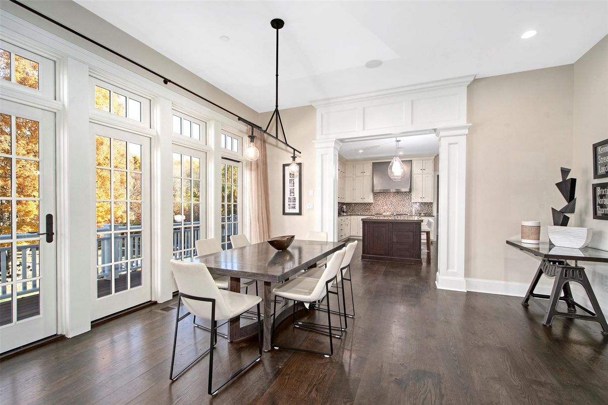 Dining room, Interior, Pendant Lights, Recessed Lighting, Wood Texture Flooring