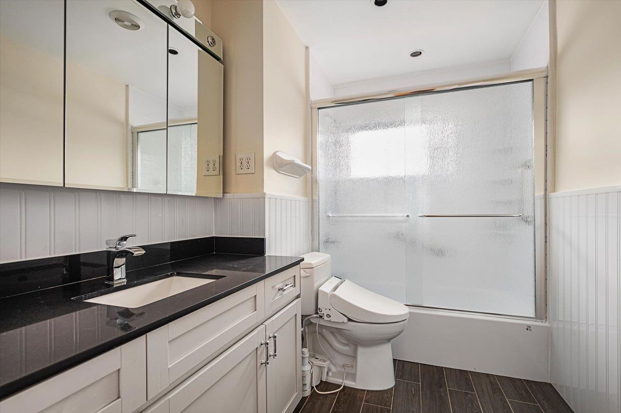 Bathroom, Glass Shower, Interior, Recessed Lighting, Wood Texture Flooring