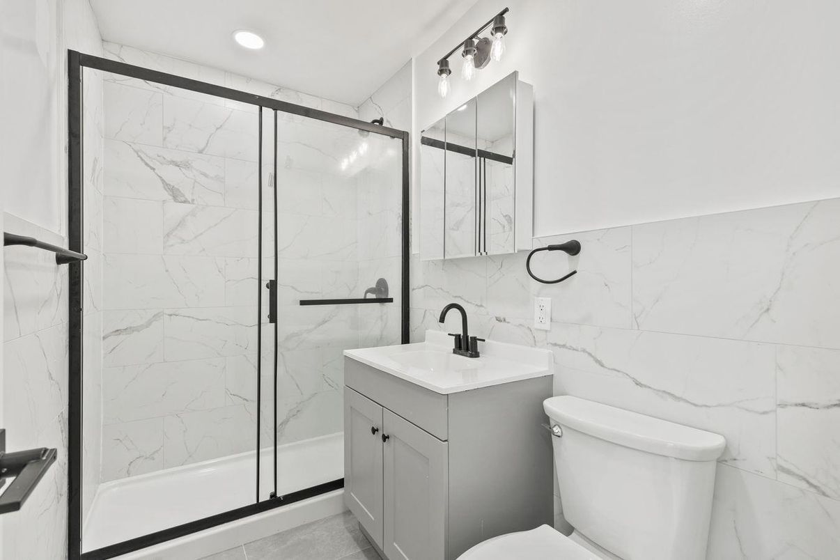 Bathroom, Glass Shower, Interior, Marble Walls, Recessed Lighting