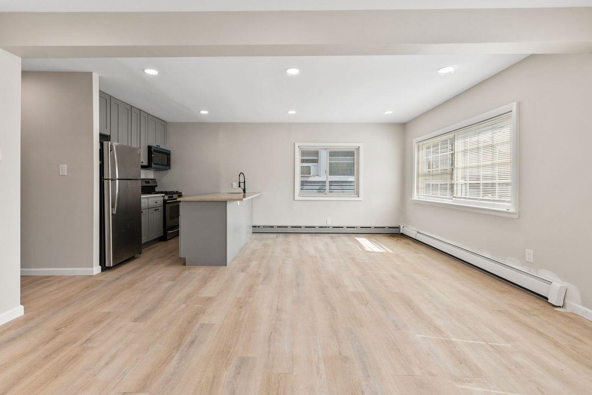 Empty room, Interior, Kitchen, Recessed Lighting, Wood Texture Flooring