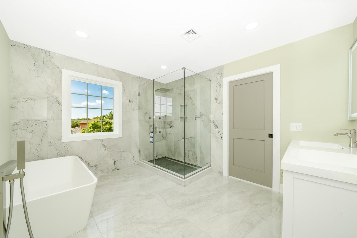 Bathroom, Free Standing Baths, Glass Shower, Interior, Marble, Marble Walls, Recessed Lighting