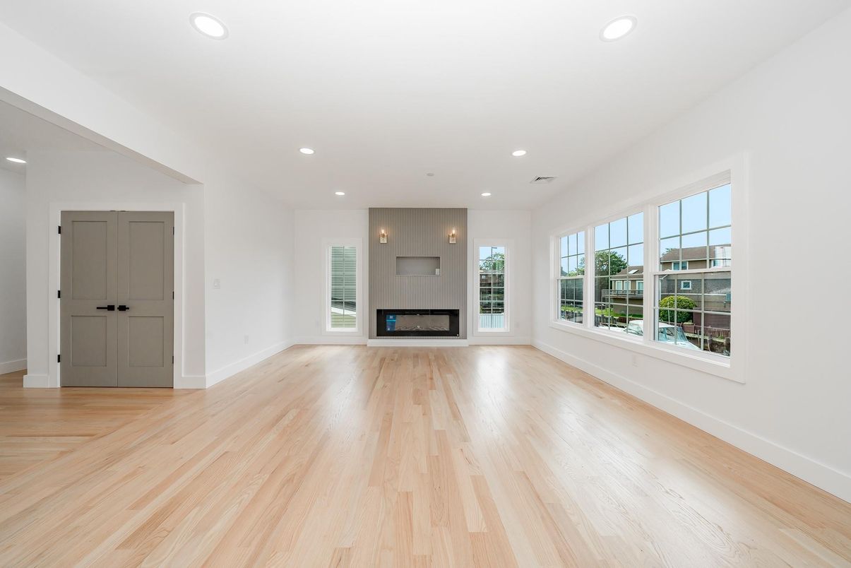 Empty room, Fireplace, Interior, Recessed Lighting, Wood Texture Flooring