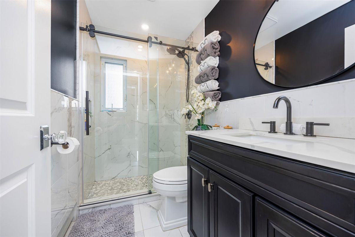 Bathroom, Glass Shower, Interior, Marble Walls, Recessed Lighting