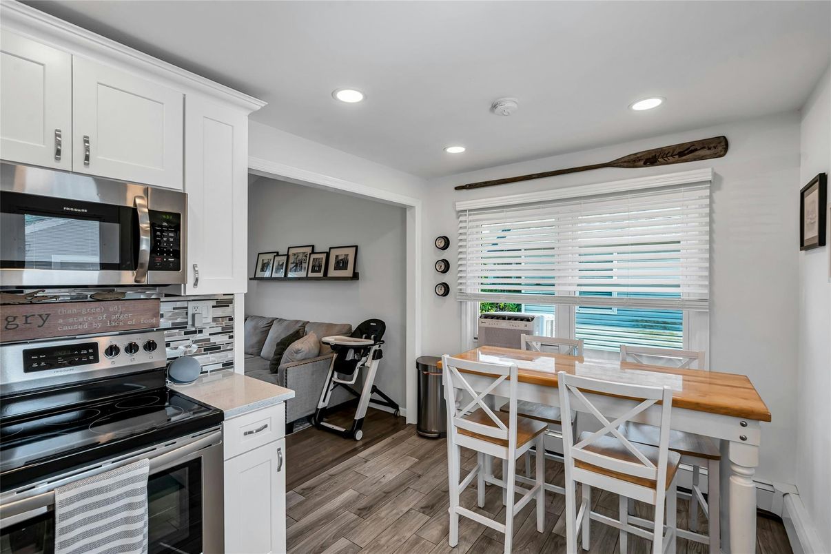 Interior, Kitchen, Recessed Lighting, Stainless Steel Appliances, Water, Wood Texture Flooring