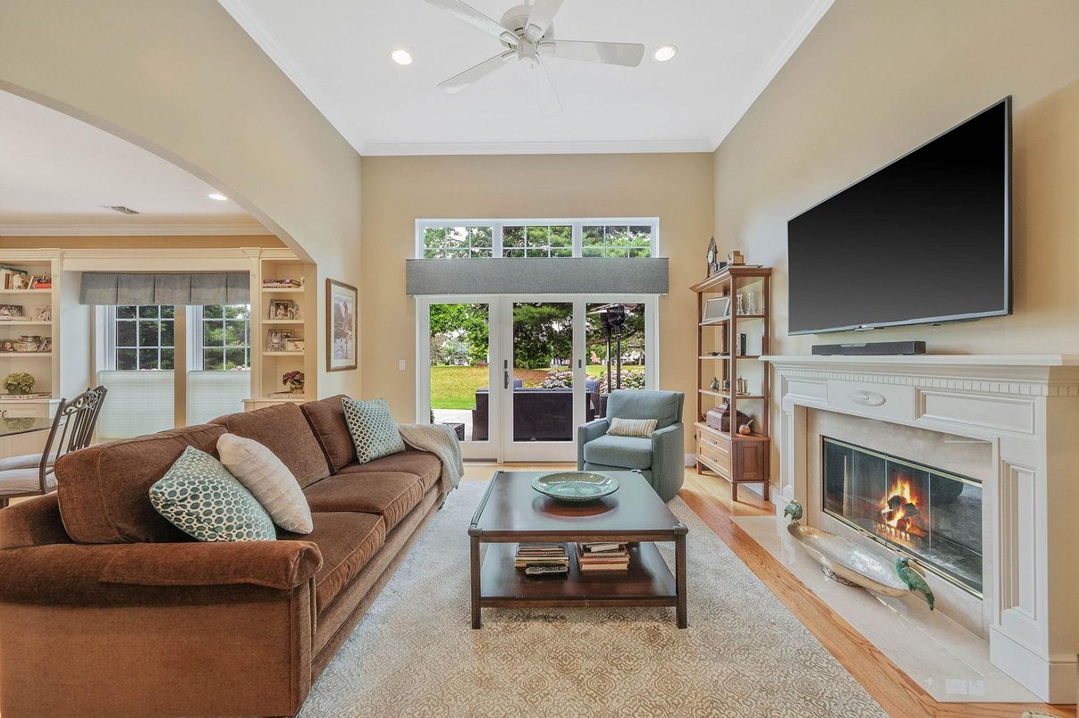 Fireplace, Interior, Living room, Recessed Lighting, Wood Texture Flooring
