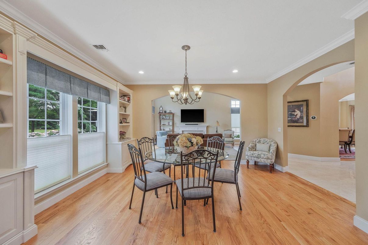 Chandelier, Dining room, Fireplace, Interior, Recessed Lighting, Wood Texture Flooring
