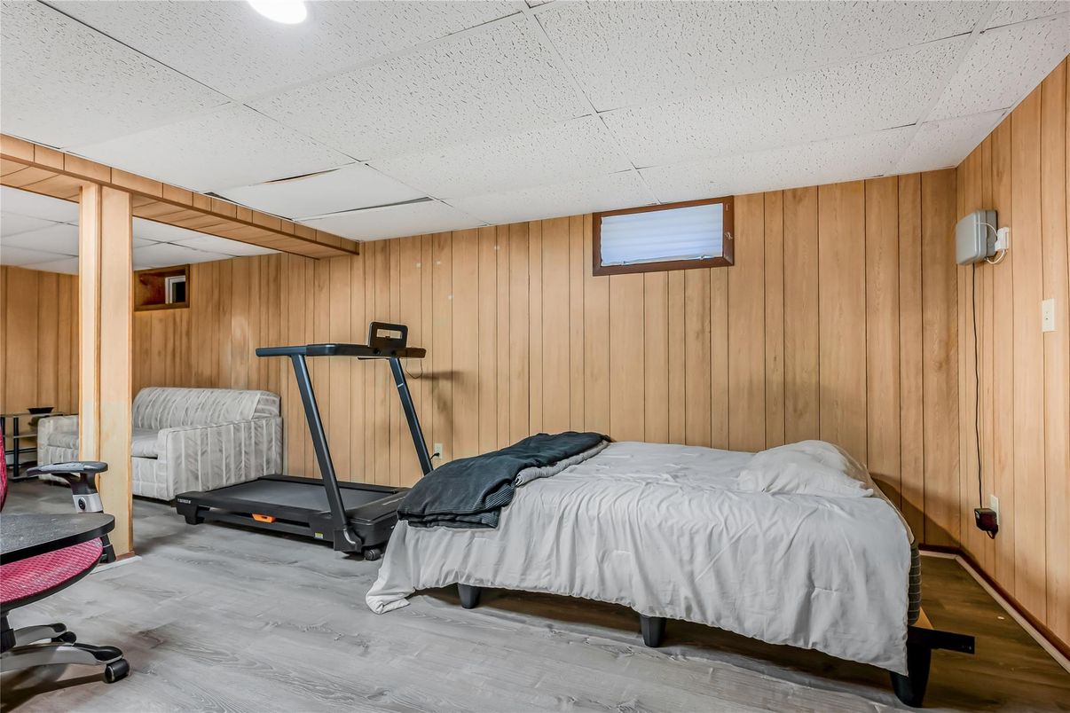 Fitness Equipment, Interior, Recessed Lighting, Wood Texture Flooring, Wooden Walls