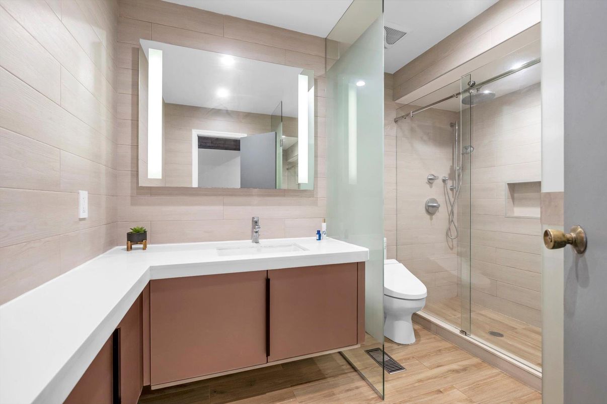 Bathroom, Glass Shower, Interior, Recessed Lighting, Wood Texture Flooring