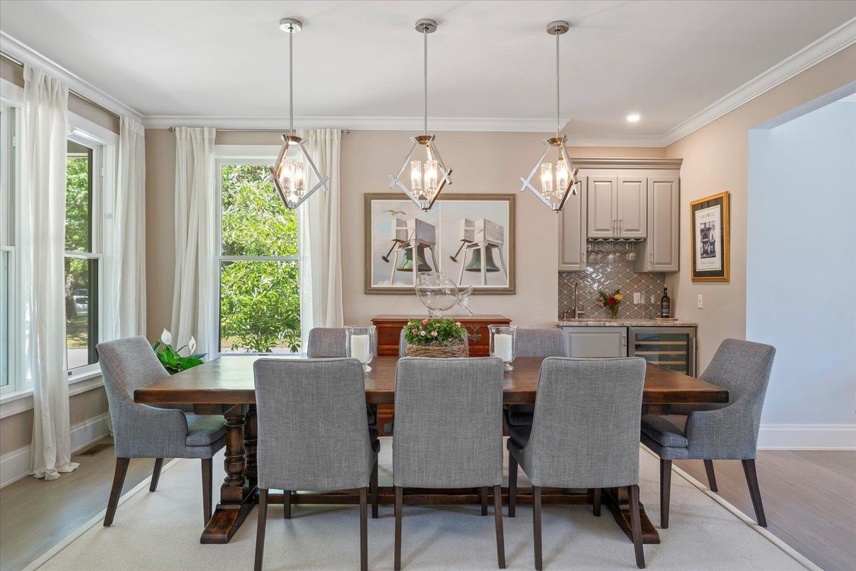 Dining room, Interior, Pendant Lights, Recessed Lighting, Wood Texture Flooring