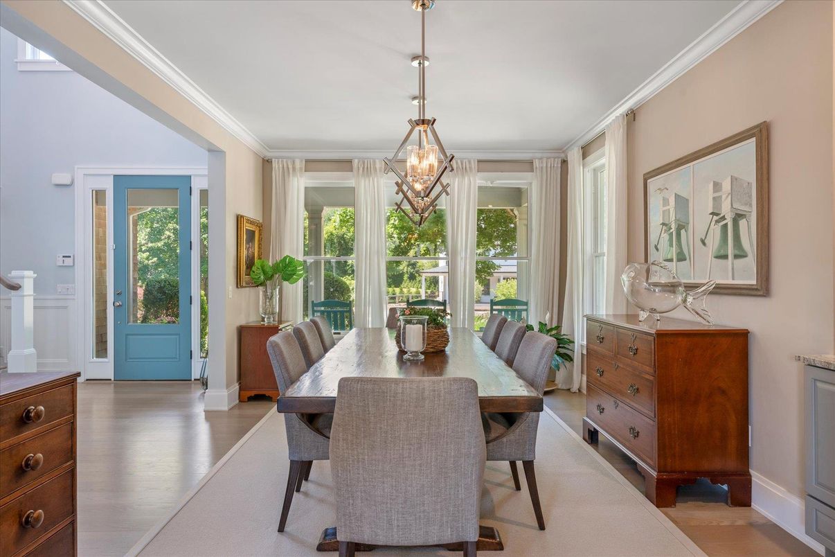 Dining room, Interior, Pendant Lights, Wood Texture Flooring