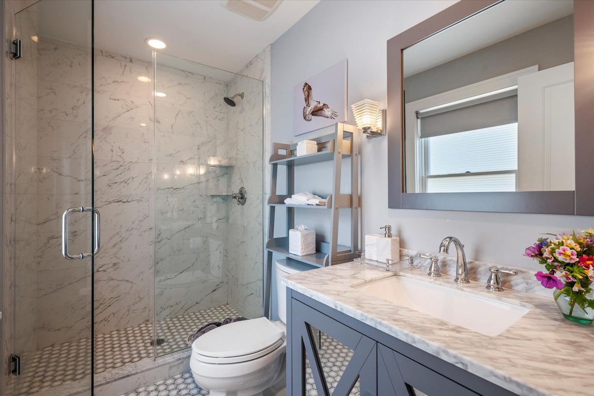 Bathroom, Glass Shower, Interior, Marble Walls, Recessed Lighting