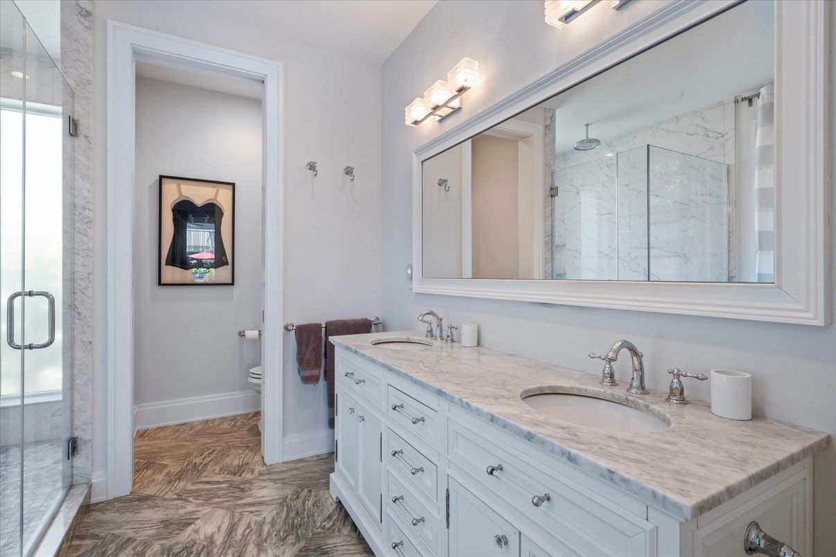 Bathroom, Dual Sink Vanities, Glass Shower, Interior, Marble Walls