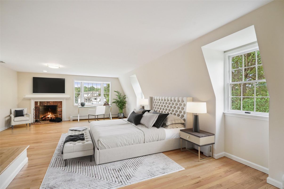 Bedroom, Fireplace, Interior, Wood Texture Flooring