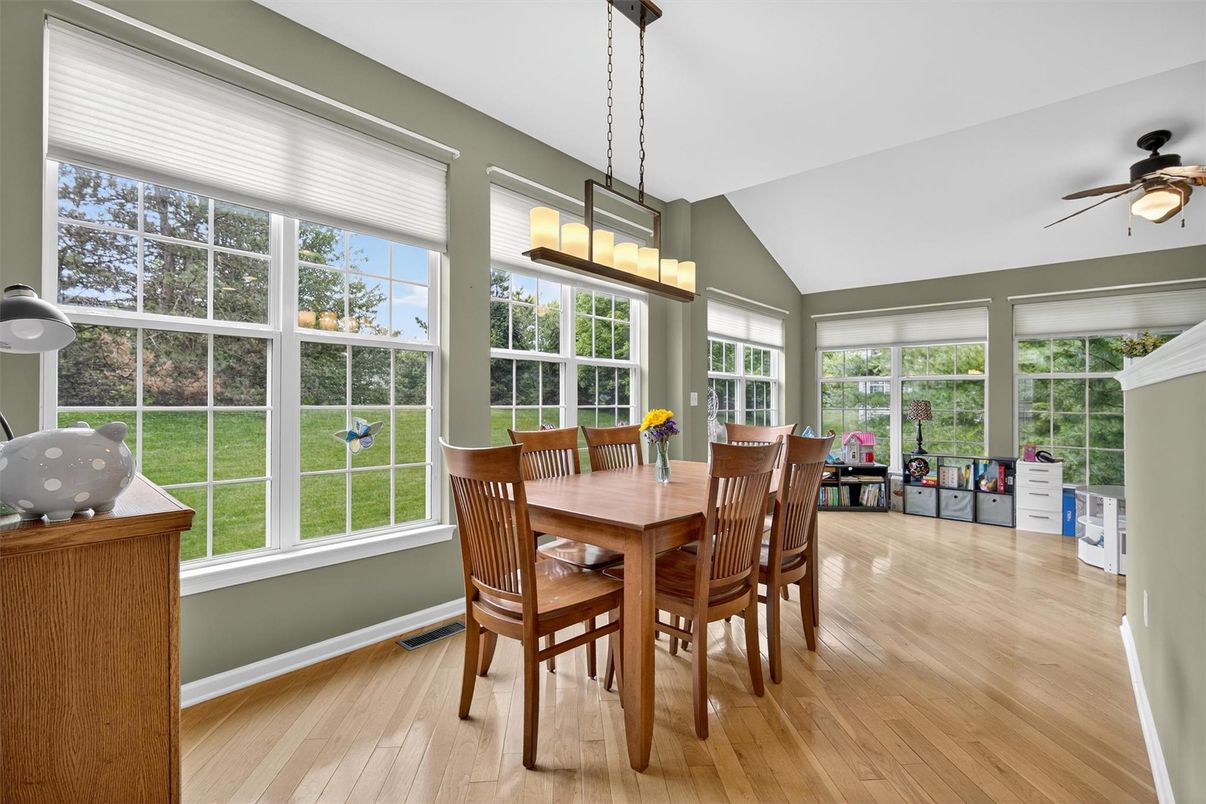 Dining room, Interior, Pendant Lights, Sun Room, Wood Texture Flooring