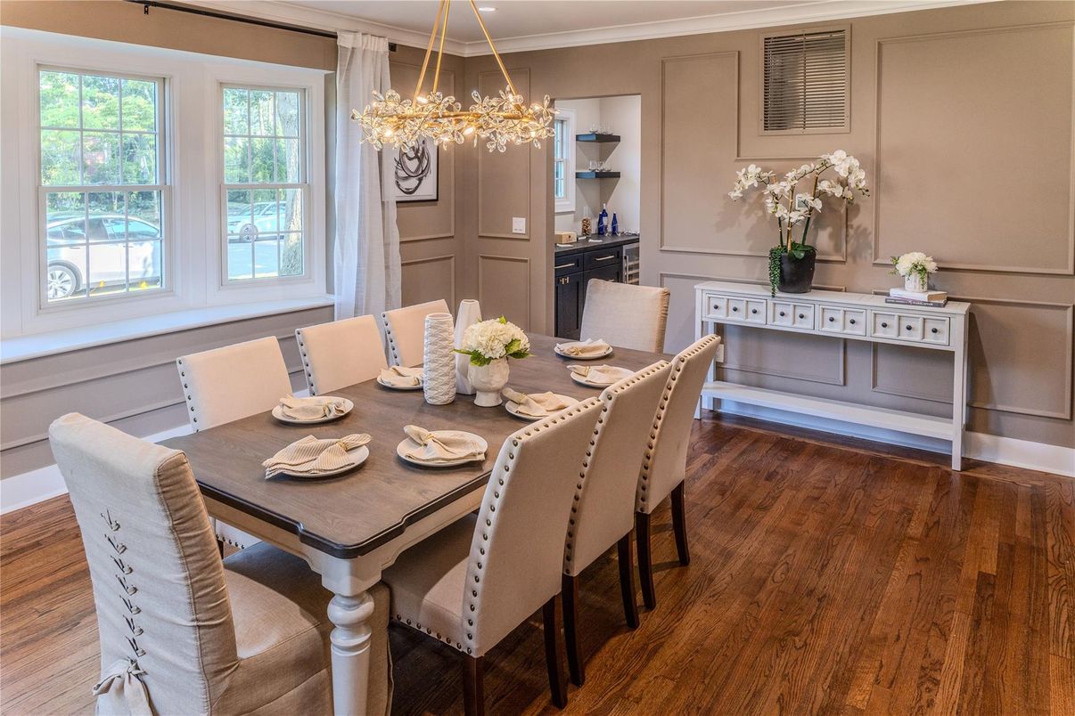 Chandelier, Dining room, Interior, Wood Texture Flooring
