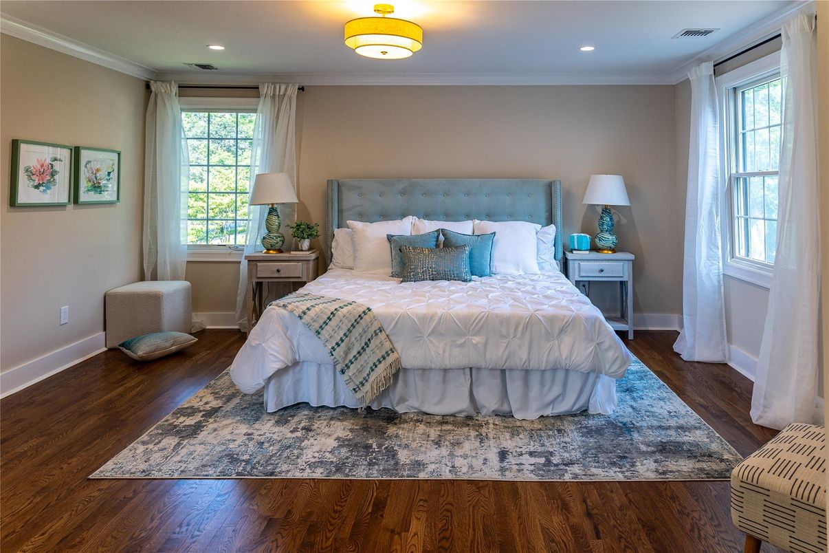 Bedroom, Interior, Recessed Lighting, Wood Texture Flooring