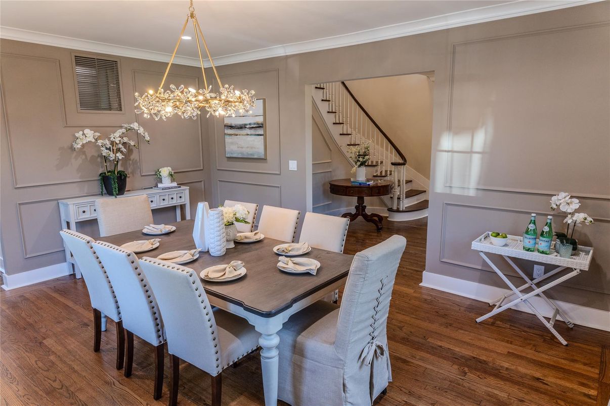 Dining room, Interior, Pendant Lights, Wood Texture Flooring
