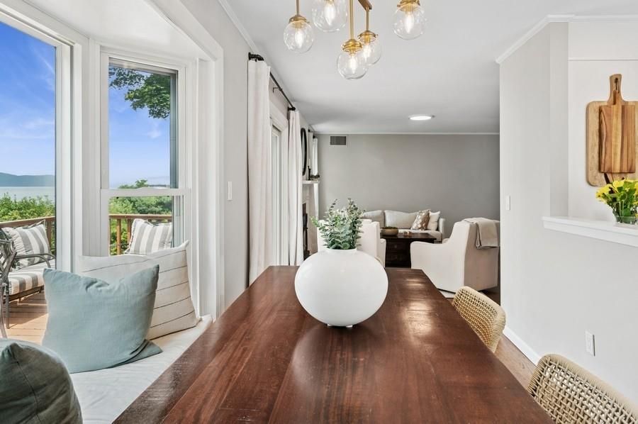 Dining room, Interior, Living room, Recessed Lighting, Water, Wood Texture Flooring