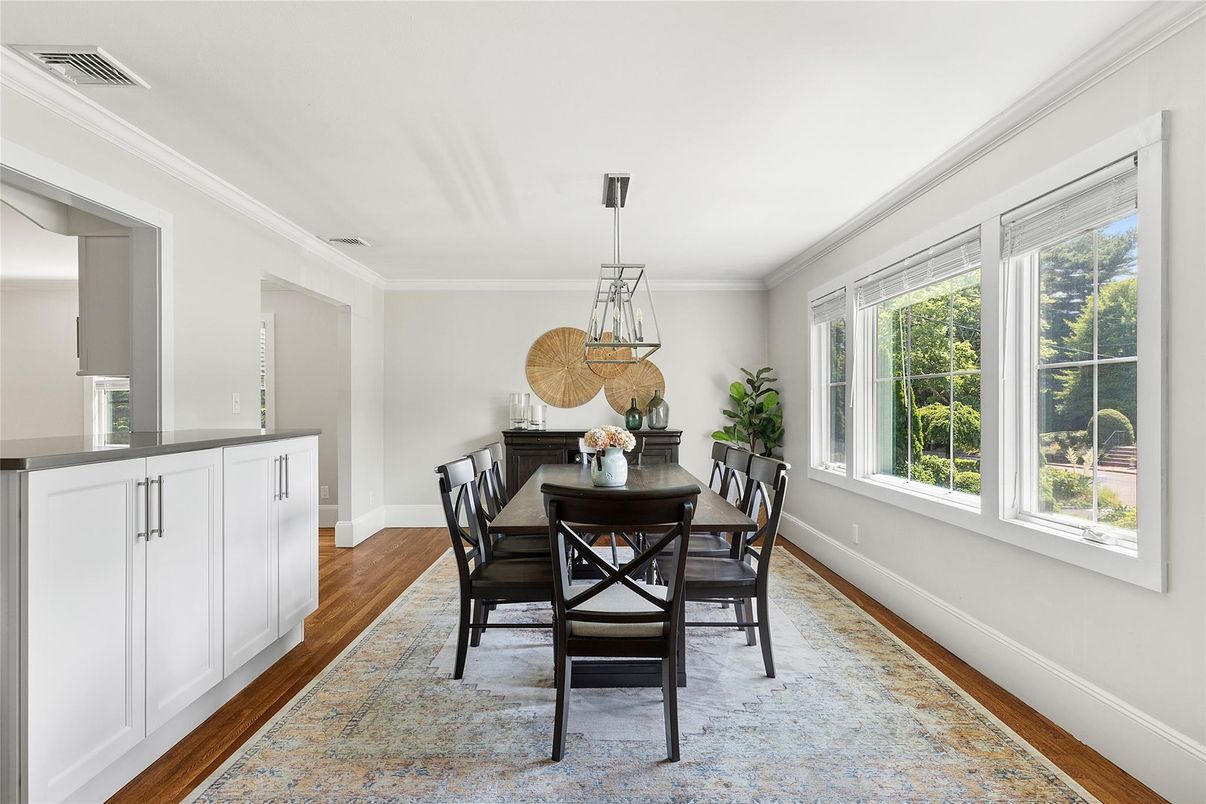 Dining room, Interior, Pendant Lights, Wood Texture Flooring