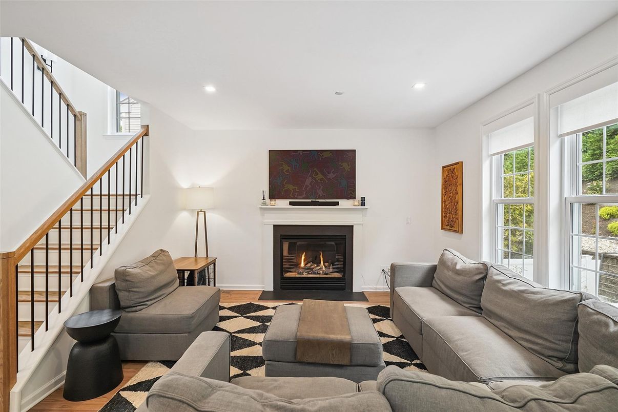 Fireplace, Interior, Living room, Recessed Lighting, Wood Texture Flooring