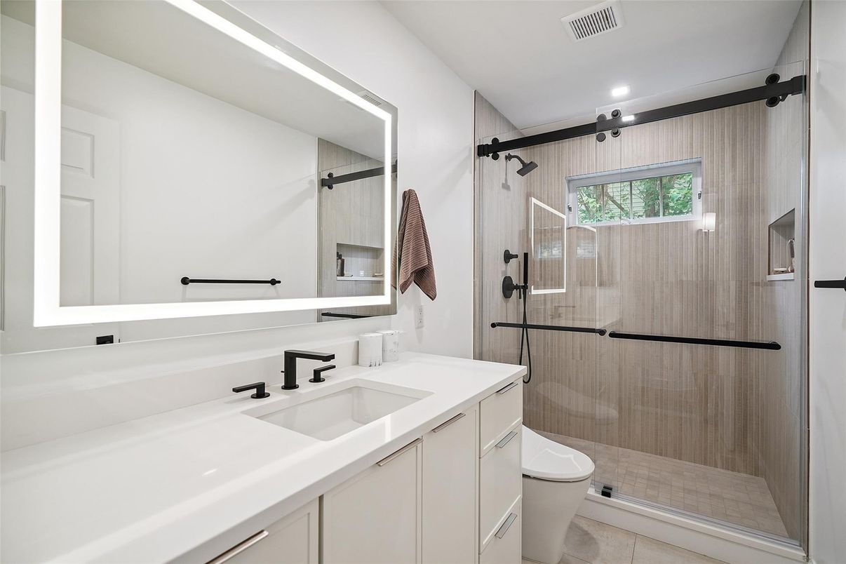Bathroom, Glass Shower, Interior, Recessed Lighting