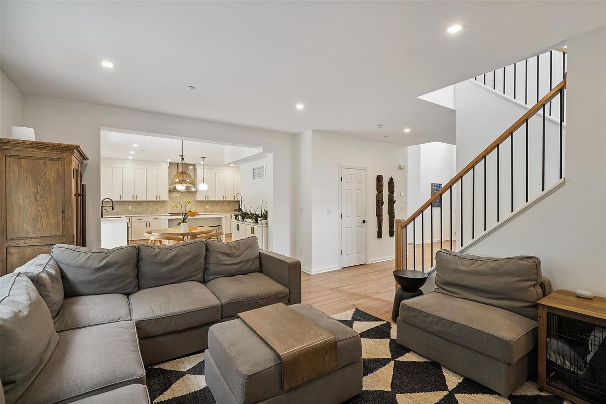 Dining room, Interior, Kitchen, Living room, Pendant Lights, Recessed Lighting, Wood Texture Flooring