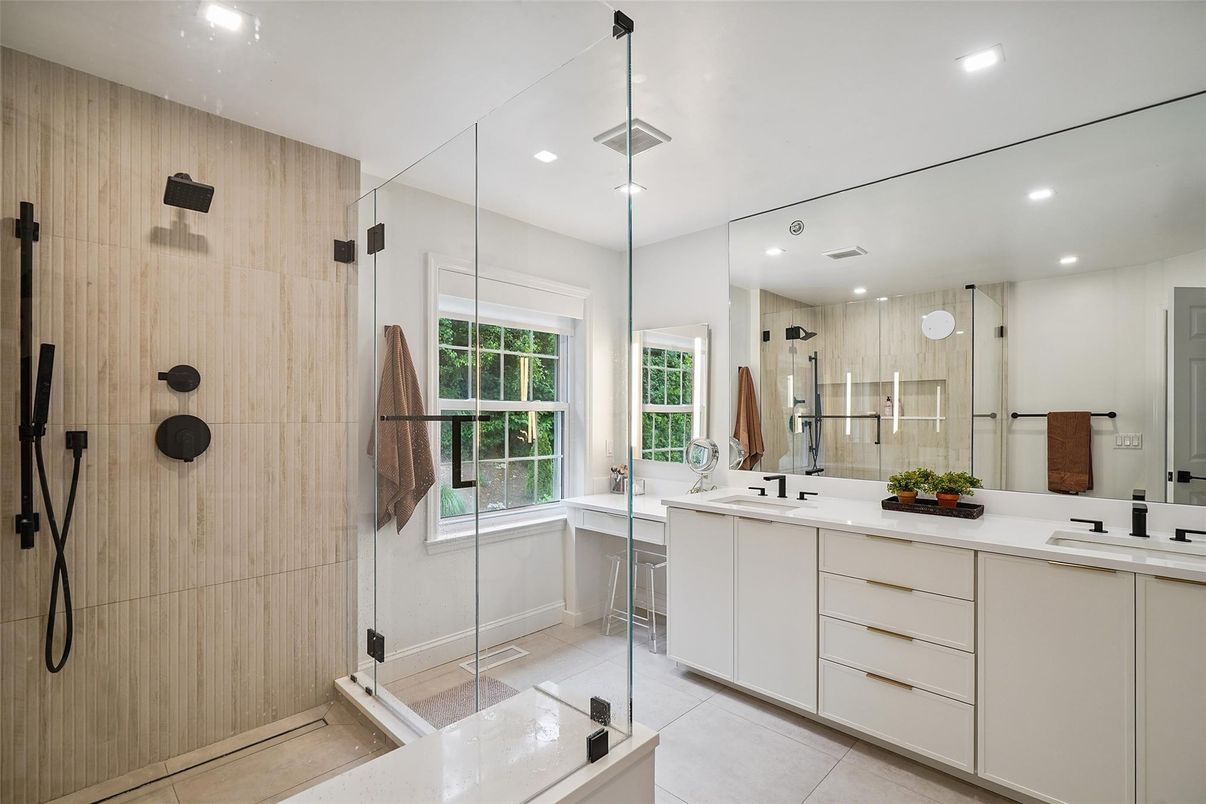 Bathroom, Dual Sink Vanities, Glass Shower, Interior, Recessed Lighting