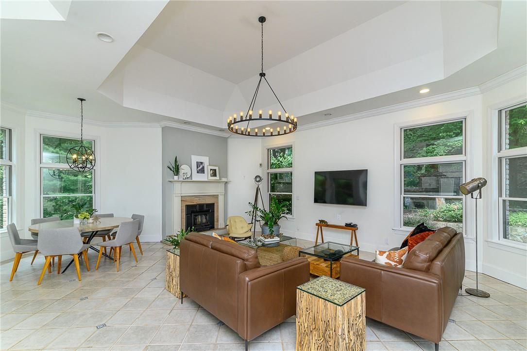 Chandelier, Dining room, Fireplace, Interior, Living room, Pendant Lights, Recessed Lighting