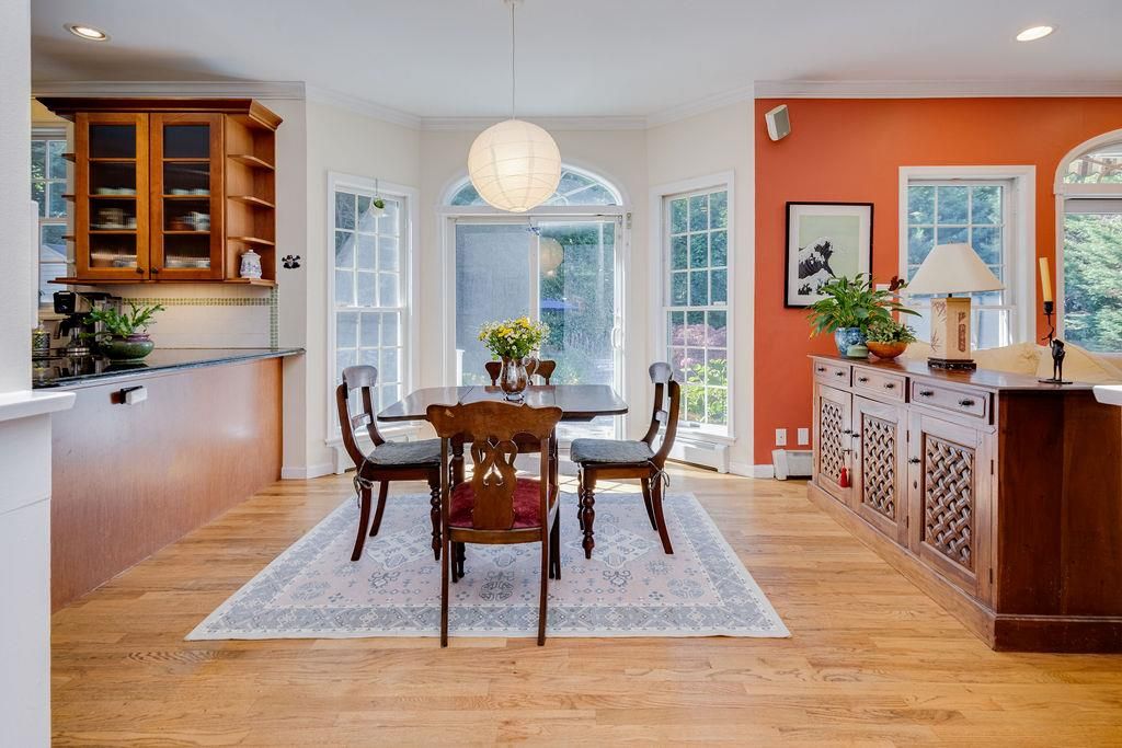 Dining room, Interior, Pendant Lights, Recessed Lighting, Wood Texture Flooring