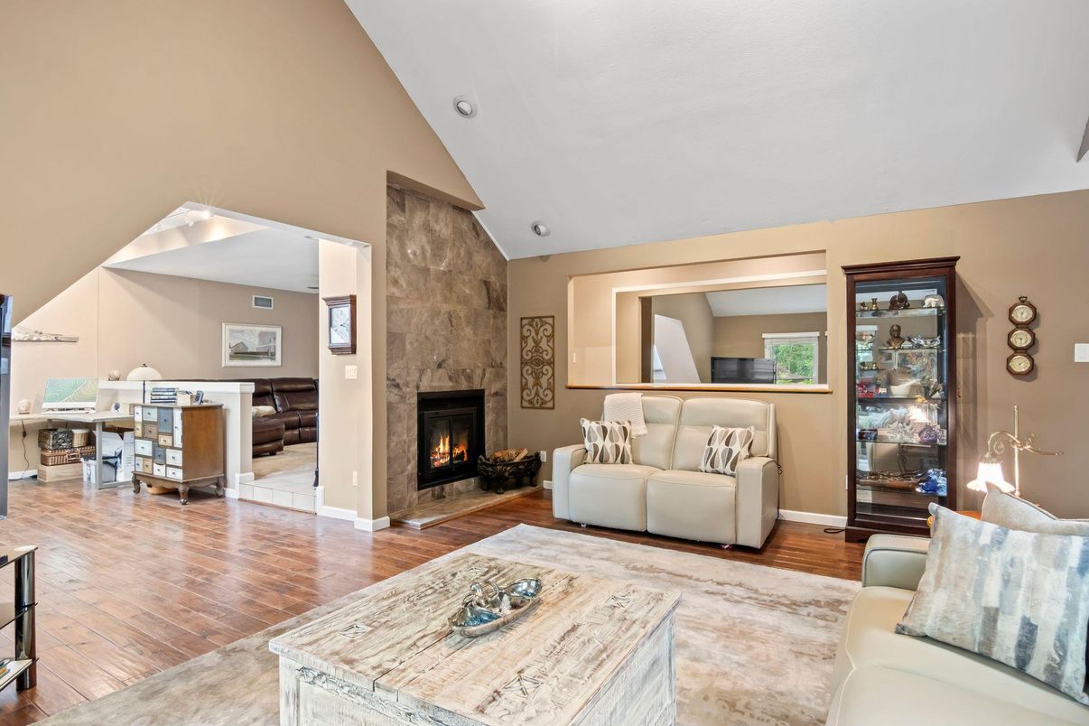 Fireplace, Interior, Living room, Recessed Lighting, Wood Texture Flooring