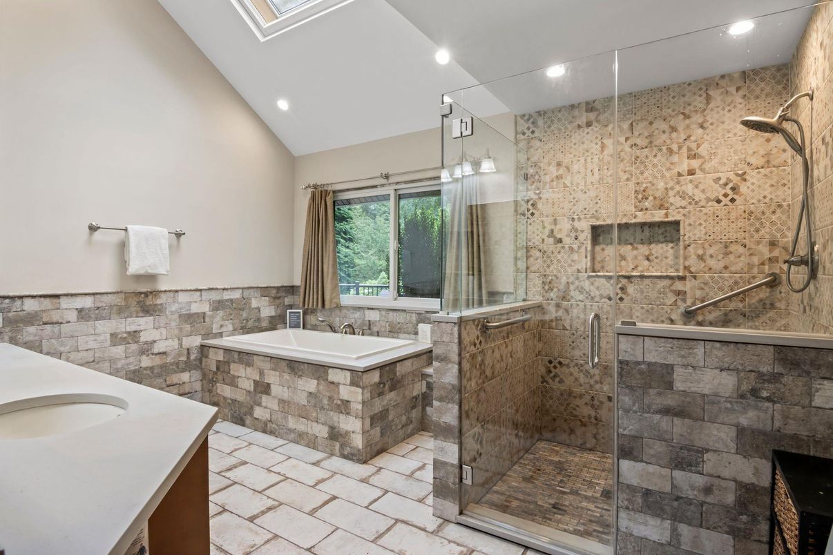 Bathroom, Glass Shower, Interior, Recessed Lighting, Stone Walls