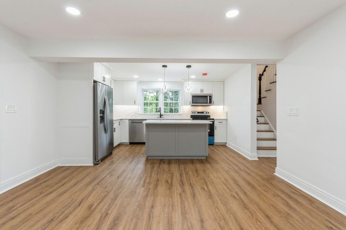 Interior, Kitchen, Pendant Lights, Recessed Lighting, Stainless Steel Appliances, Wood Texture Flooring