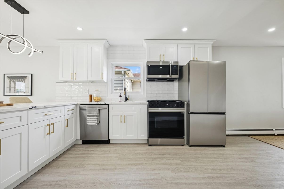 Interior, Kitchen, Pendant Lights, Recessed Lighting, Stainless Steel Appliances, Wood Texture Flooring