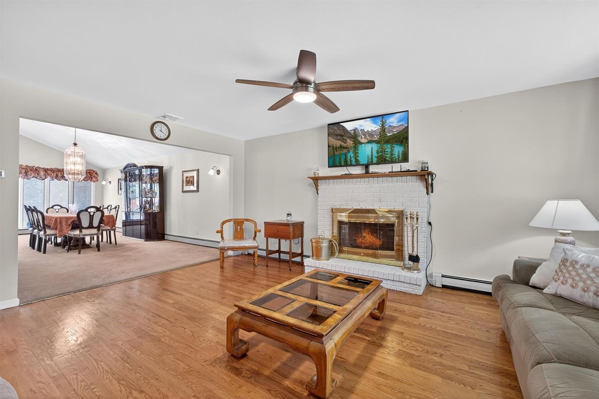 Dining room, Fireplace, Interior, Pendant Lights, Wood Texture Flooring