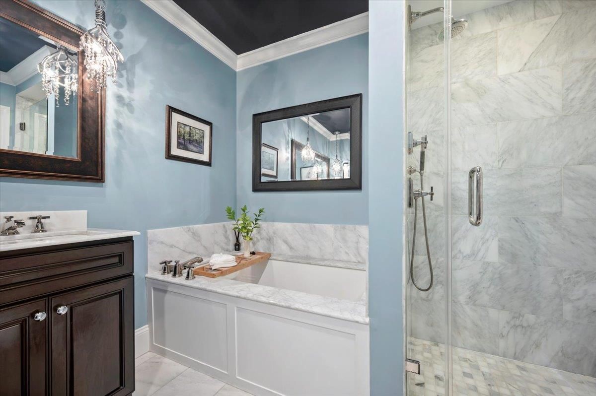 Bathroom, Glass Shower, Interior, Marble, Marble Walls, Pendant Lights