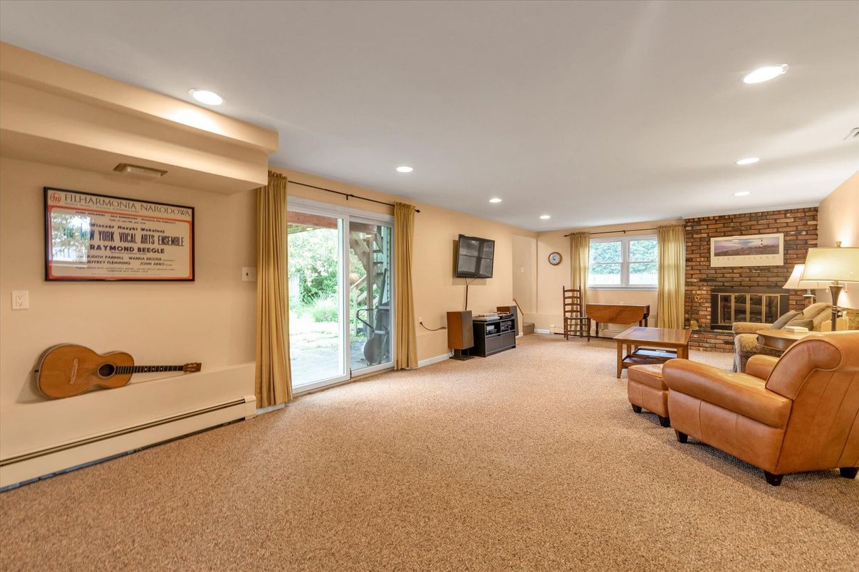 Fireplace, Home Office, Interior, Recessed Lighting, Stone Walls