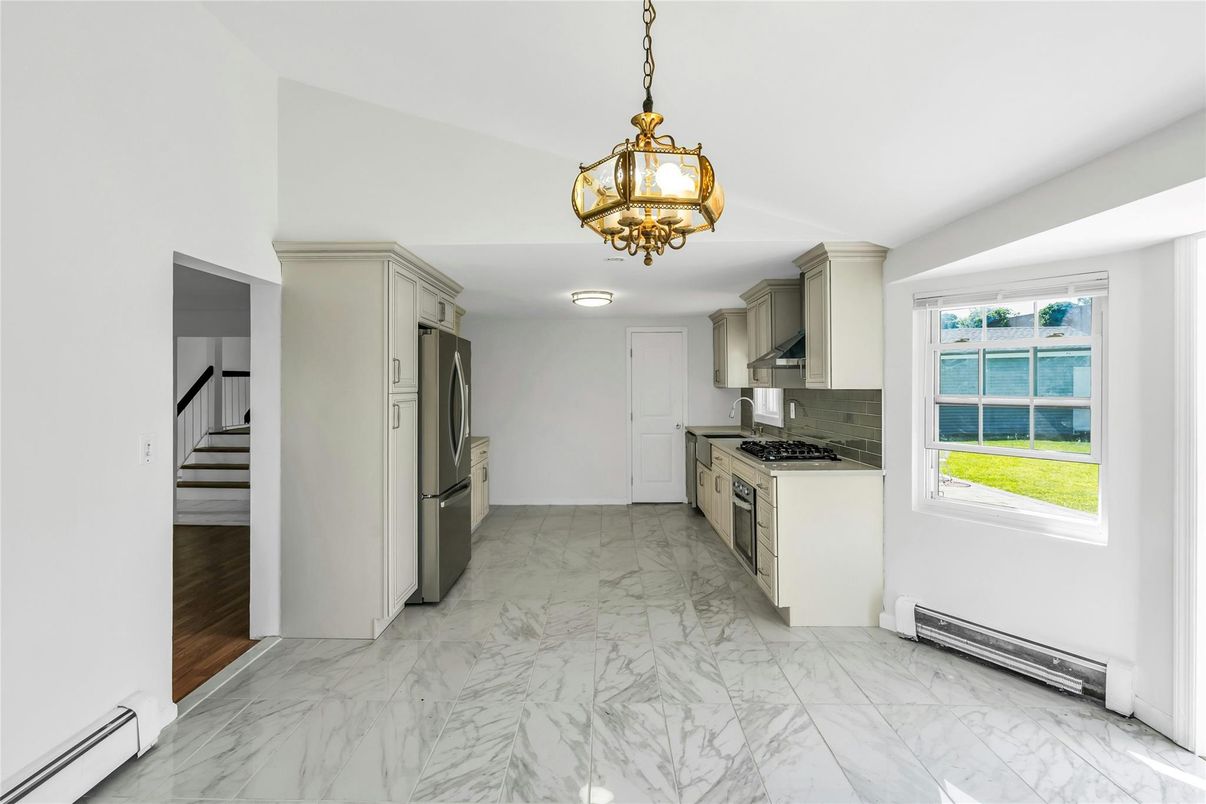 Interior, Kitchen, Marble, Pendant Lights, Stainless Steel Appliances