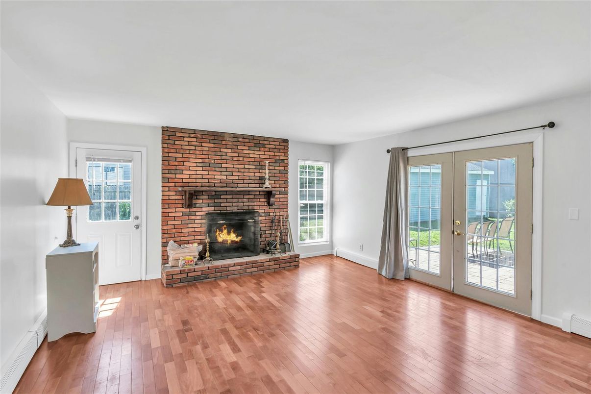 Empty room, Fireplace, Interior, Stone Walls, Wood Texture Flooring