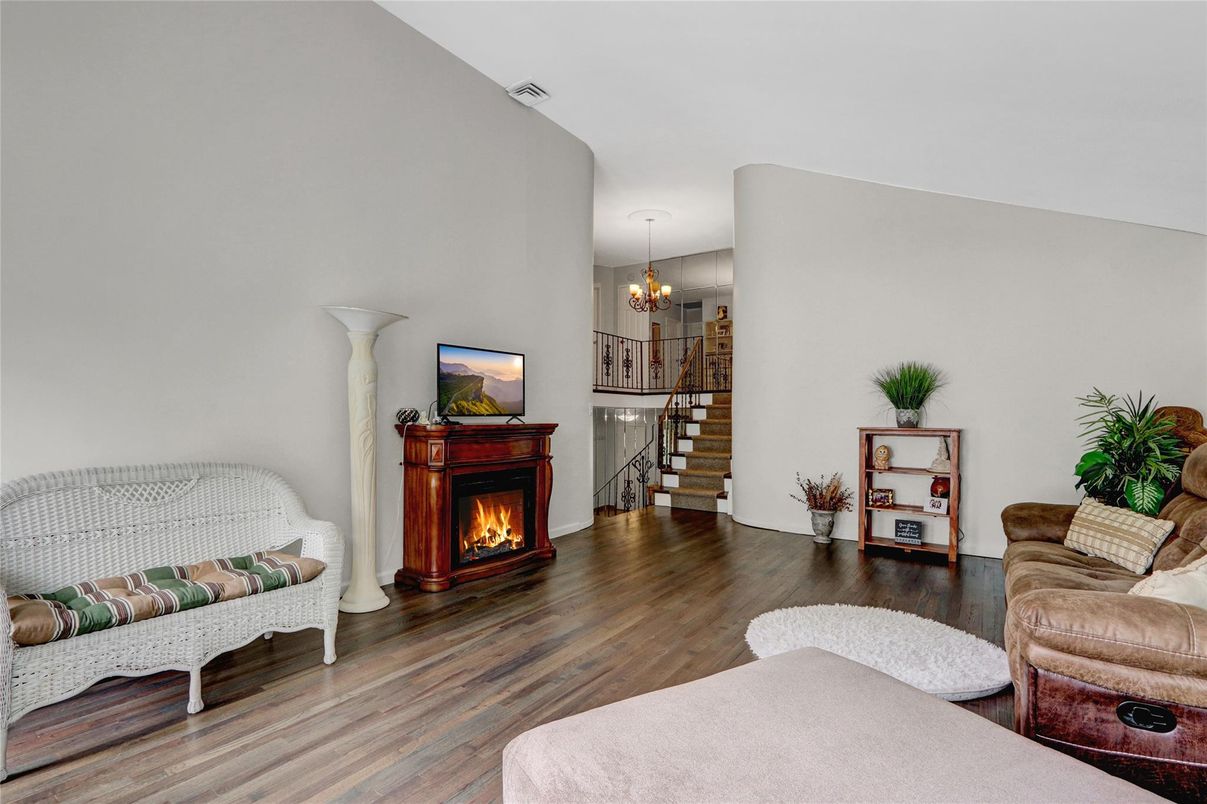 Chandelier, Fireplace, Interior, Living room, Wood Texture Flooring