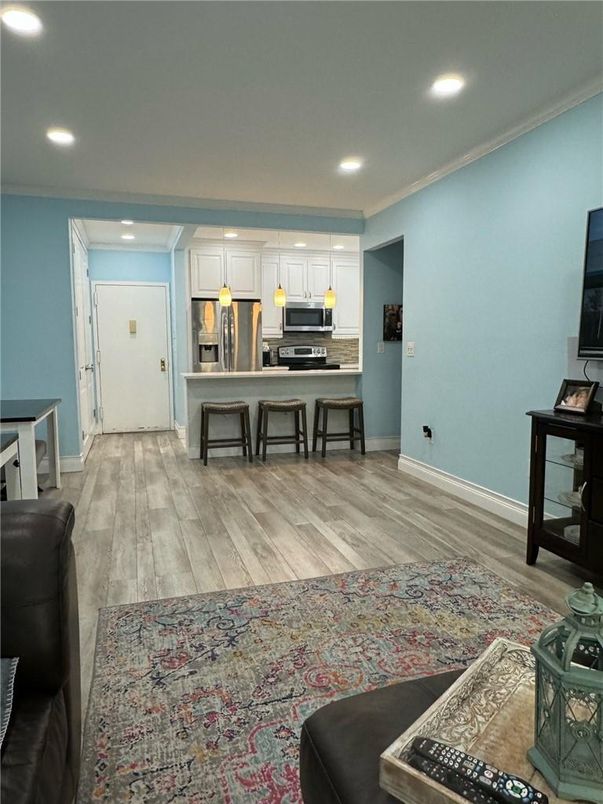 Interior, Kitchen, Pendant Lights, Recessed Lighting, Stainless Steel Appliances, Wood Texture Flooring