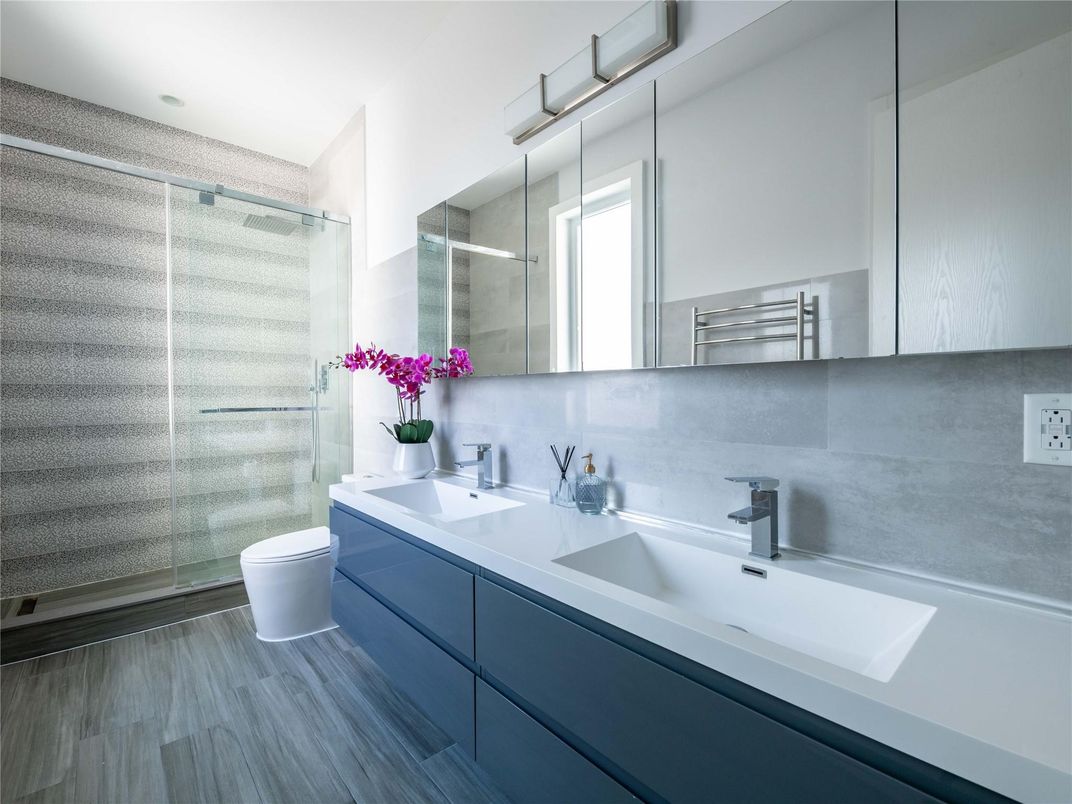Bathroom, Dual Sink Vanities, Glass Shower, Interior, Wood Texture Flooring