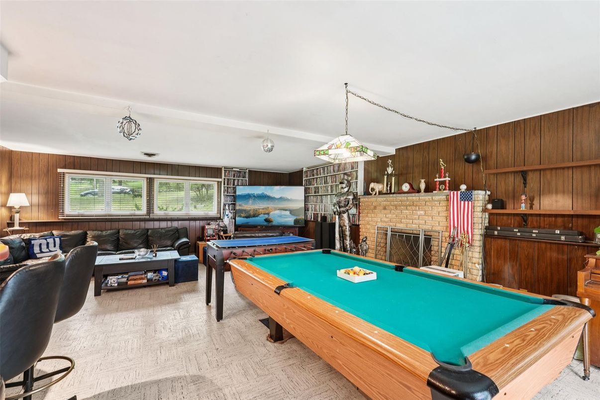 Billiard Table, Fireplace, Game Room, Interior, Living room, Pendant Lights, Wooden Walls