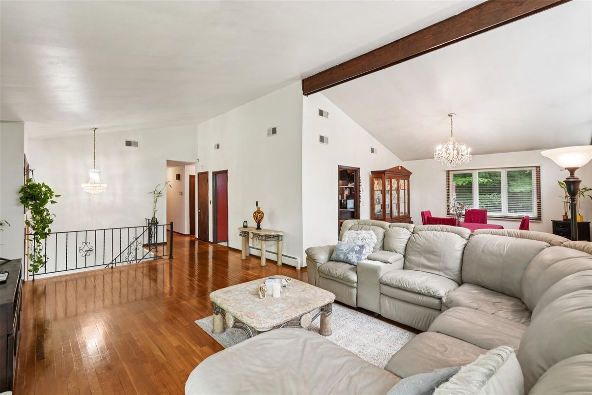 Chandelier, Dining room, Interior, Living room, Wooden Beams, Wood Texture Flooring
