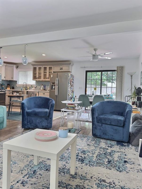 Dining room, Interior, Kitchen, Living room, Pendant Lights, Recessed Lighting, Stainless Steel Appliances, Wood Texture Flooring