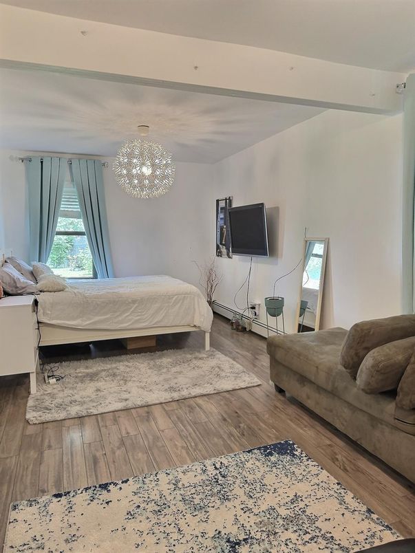 Bedroom, Chandelier, Interior, Wood Texture Flooring
