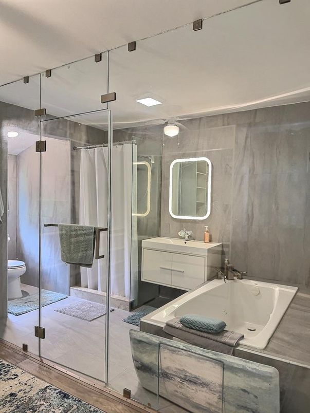 Bathroom, Dual Sink Vanities, Glass Shower, Interior, Recessed Lighting