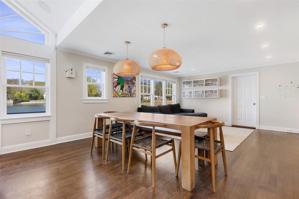 Dining room, Interior, Pendant Lights, Recessed Lighting, Wood Texture Flooring