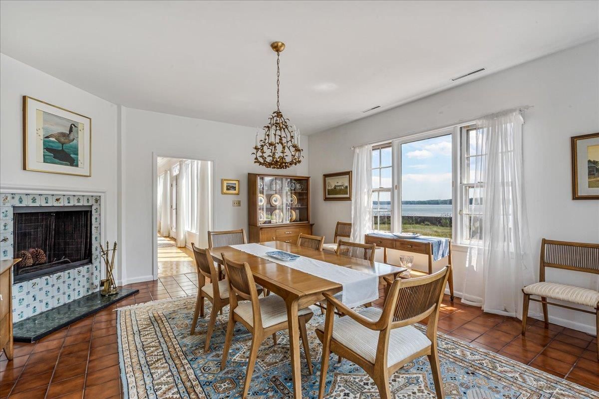 Dining room, Fireplace, Interior, Pendant Lights, Water